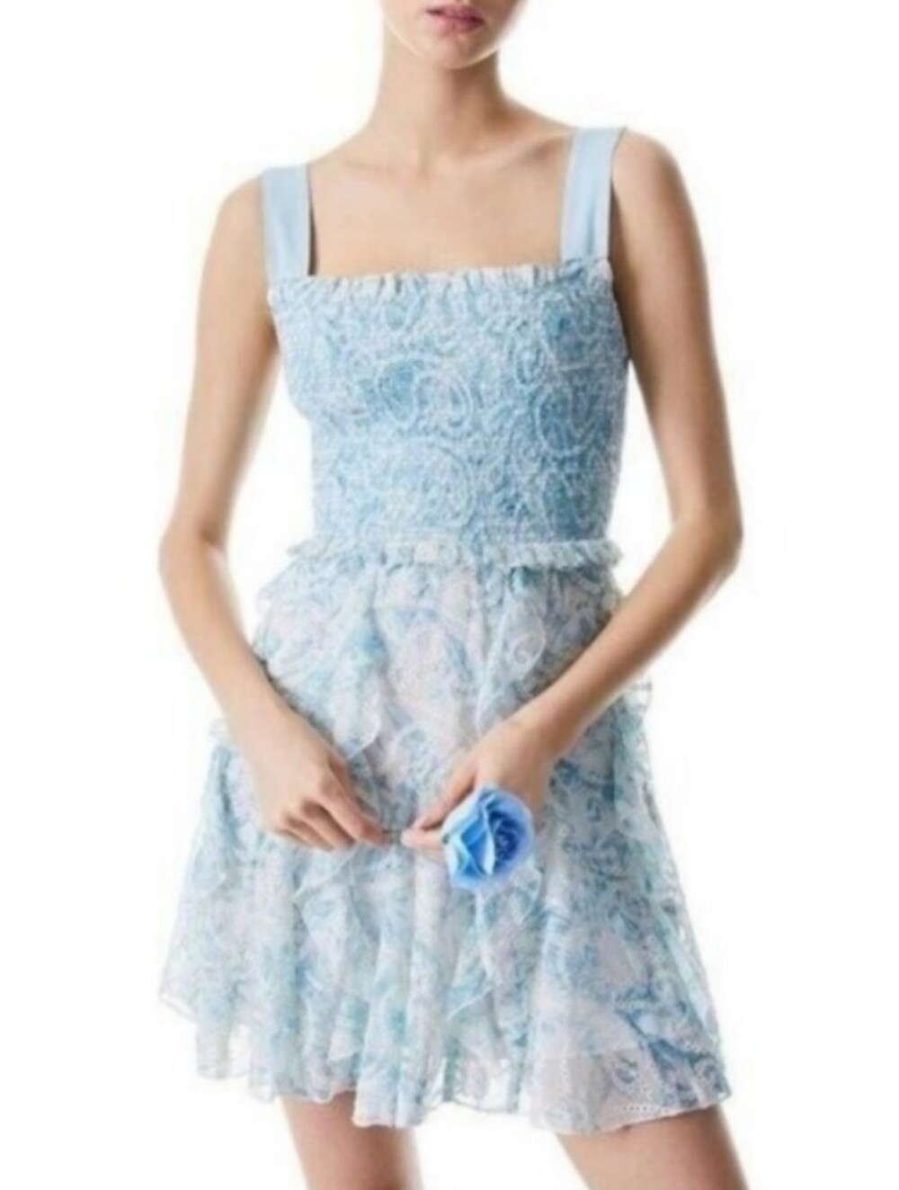 Alice & Olivia Jocelyn Smocked Smocked Blue Mini Dress Ruffles Dainty Fairy 4